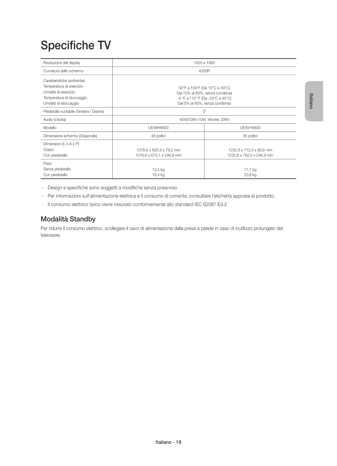 Samsung UE55H6800AYXZT, UE48H6800AYXZT manual Specifiche TV, Modalità Standby 