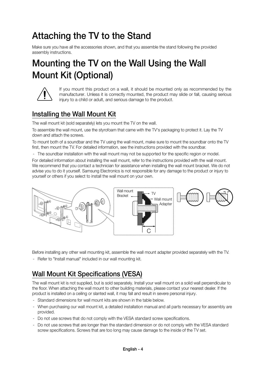 Samsung UE48H6800AYXZT Attaching the TV to the Stand, Installing the Wall Mount Kit, Wall Mount Kit Specifications Vesa 