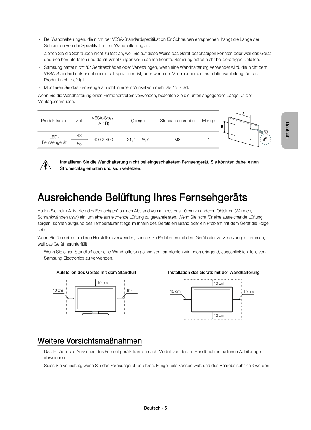 Samsung UE55H6800AYXZT, UE48H6800AYXZT Ausreichende Belüftung Ihres Fernsehgeräts, Weitere Vorsichtsmaßnahmen, 21,7 ~ 26,7 