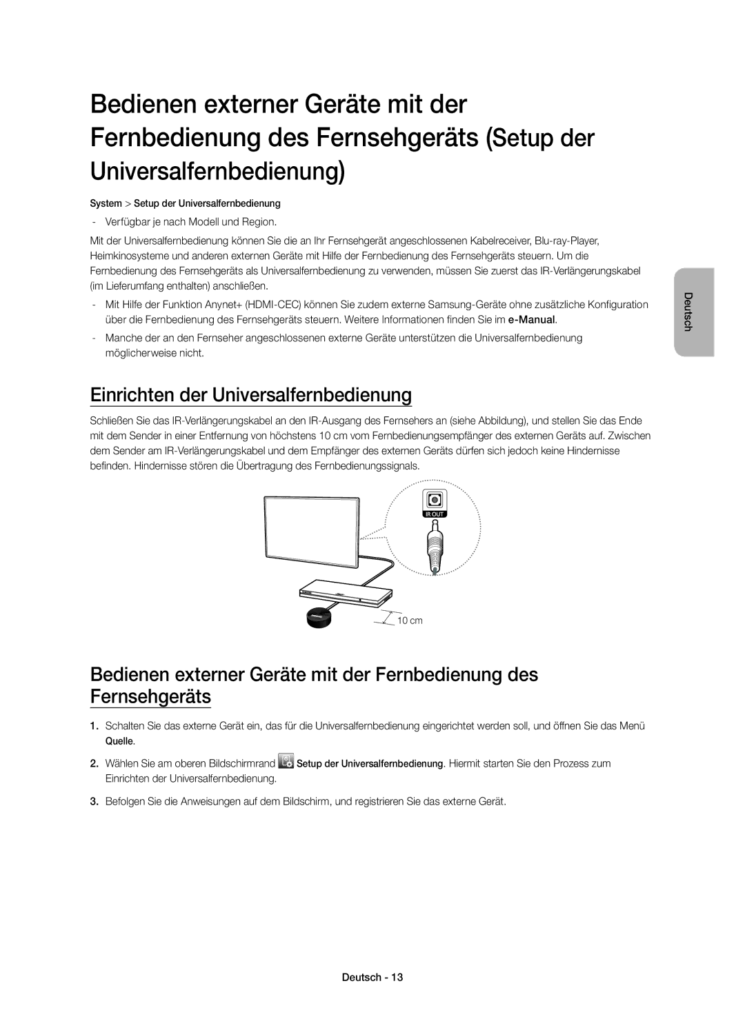 Samsung UE55H6800AYXZT, UE48H6800AYXZT manual Einrichten der Universalfernbedienung 