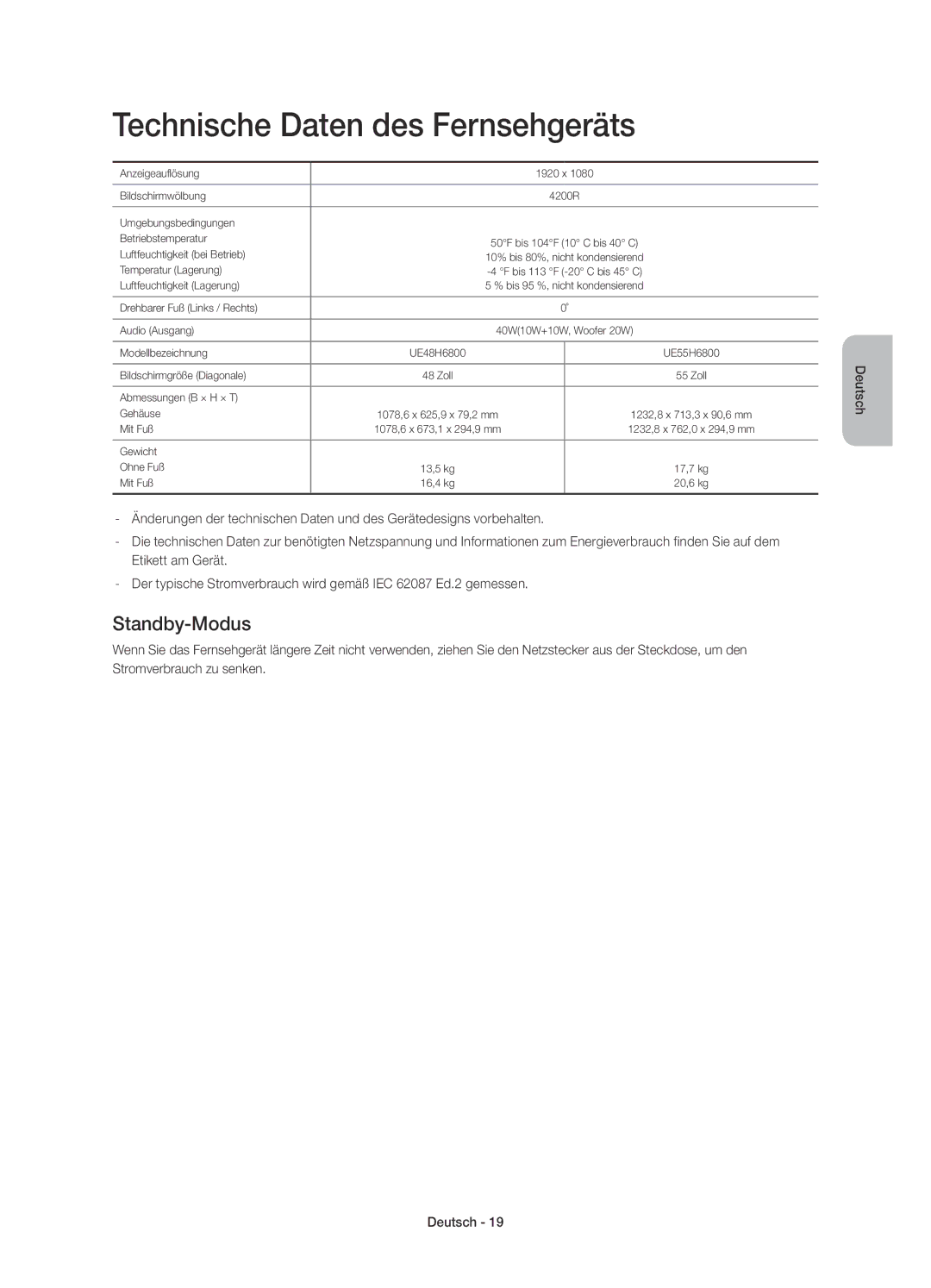 Samsung UE55H6800AYXZT, UE48H6800AYXZT manual Technische Daten des Fernsehgeräts, Standby-Modus 