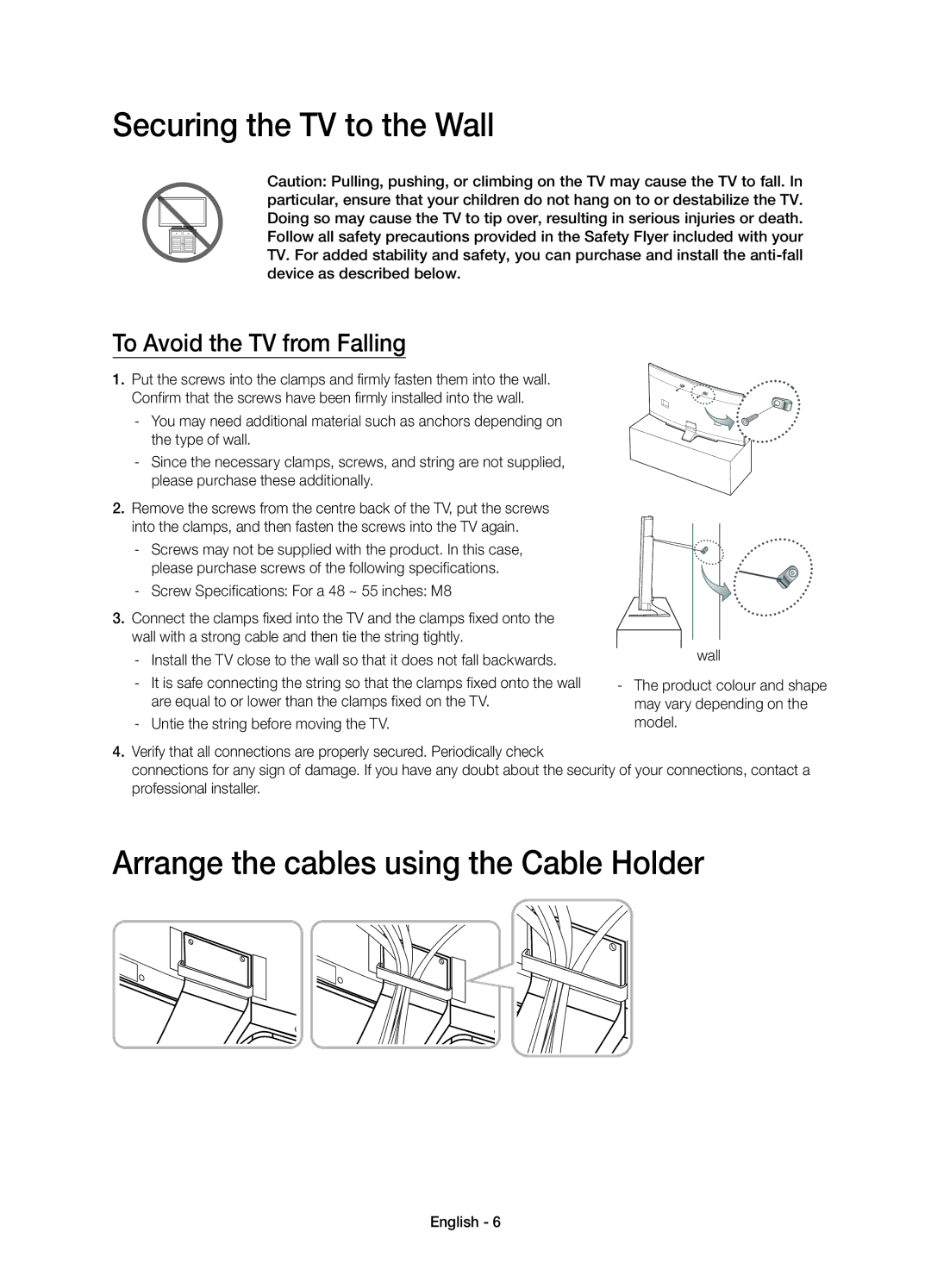 Samsung UE48H6800AYXZT, UE55H6800AYXZT manual Securing the TV to the Wall, Arrange the cables using the Cable Holder 