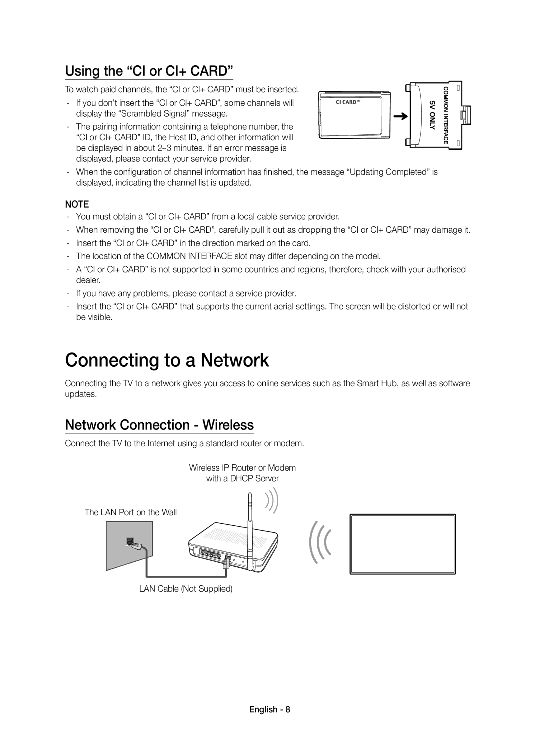 Samsung UE48H6800AYXZT, UE55H6800AYXZT manual Connecting to a Network, Using the CI or CI+ Card, Network Connection Wireless 