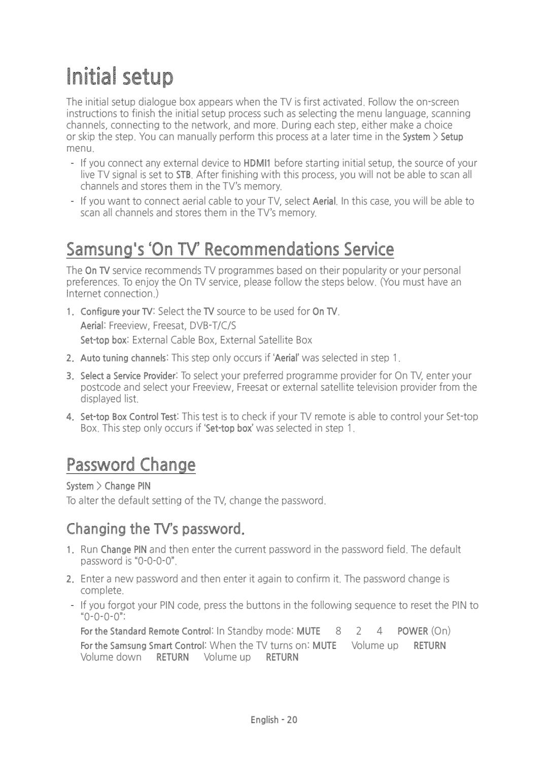 Samsung UE48H6850AKXXU, UE55H6850AKXXU manual Initial setup, Samsungs ‘On TV’ Recommendations Service, Password Change 