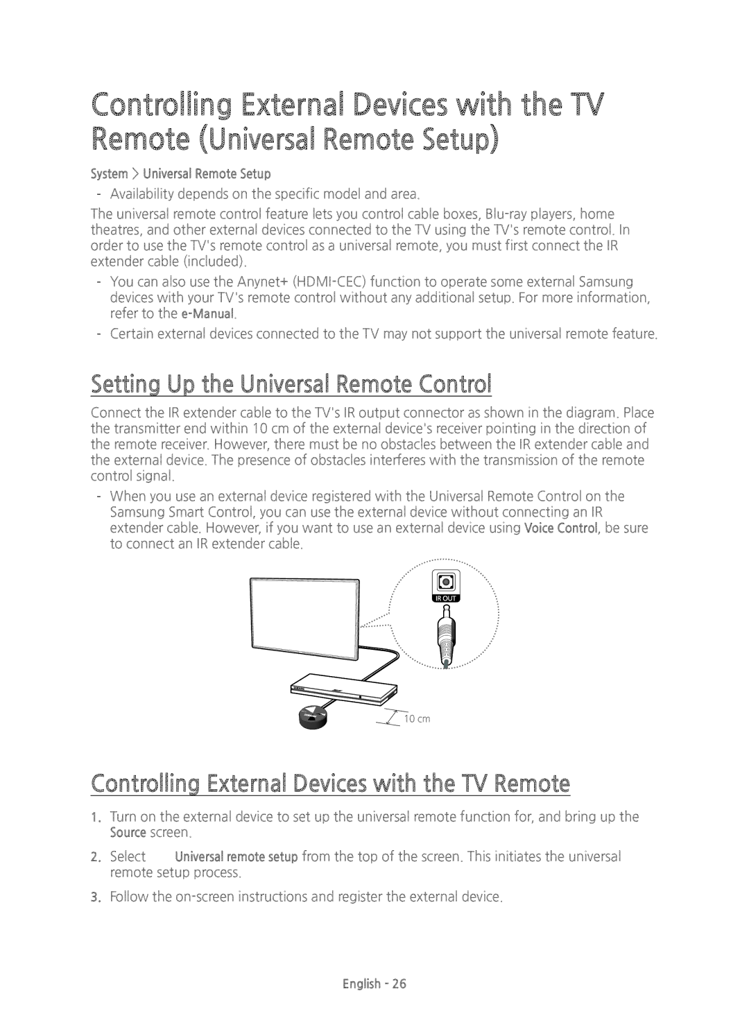 Samsung UE48H6850AKXXU manual Setting Up the Universal Remote Control, Controlling External Devices with the TV Remote 