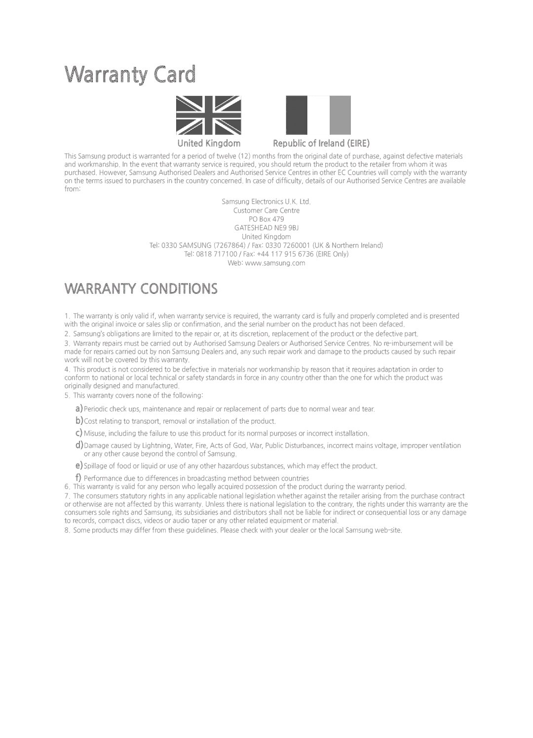 Samsung UE55H6850AKXXU, UE48H6850AKXXU manual Warranty Card, United Kingdom 