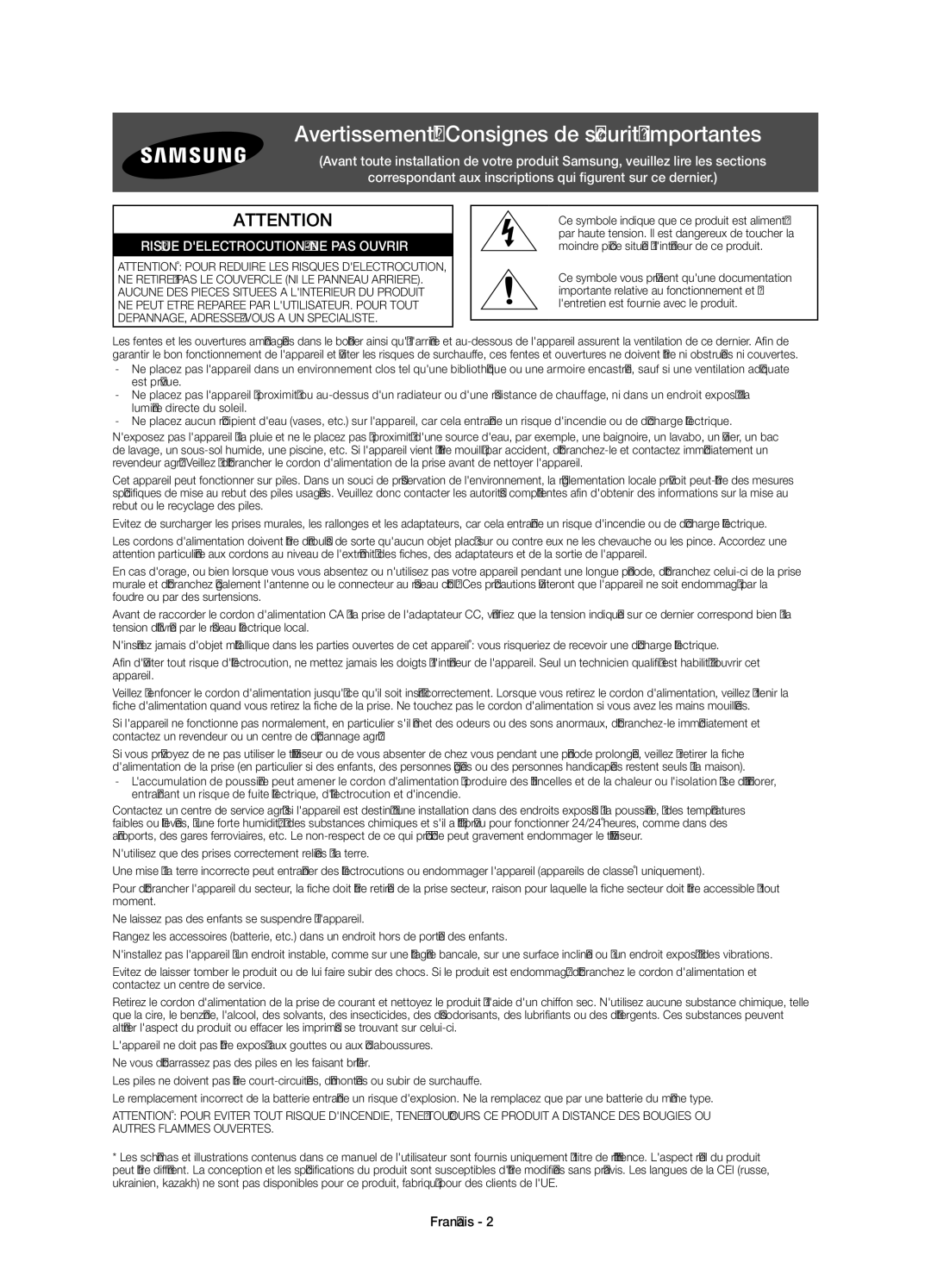 Samsung UE48H6850AWXXC, UE55H6850AWXXC manual Avertissement ! Consignes de sécurité importantes, Français 