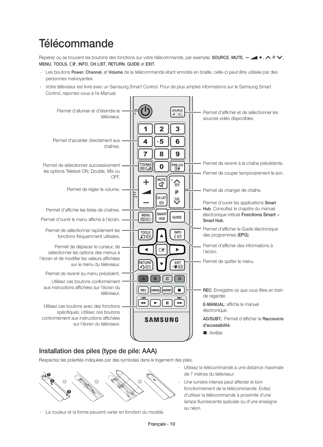 Samsung UE48H6850AWXXC, UE55H6850AWXXC manual Télécommande, Installation des piles type de pile AAA 