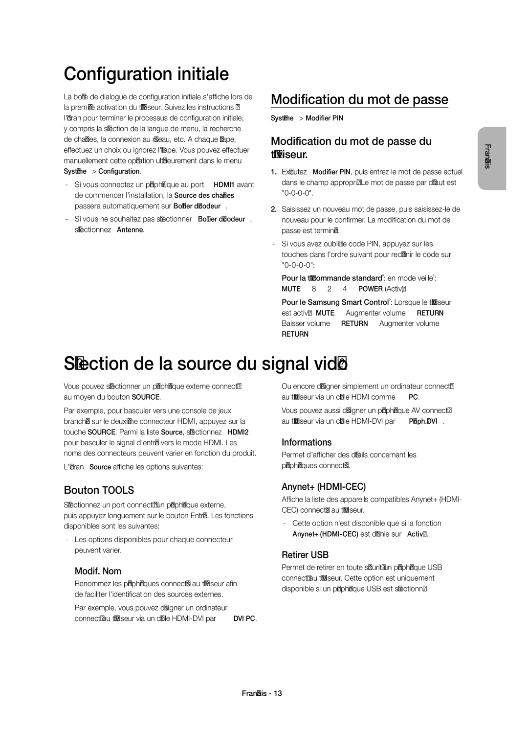 Samsung UE55H6850AWXXC manual Configuration initiale, Sélection de la source du signal vidéo, Modification du mot de passe 