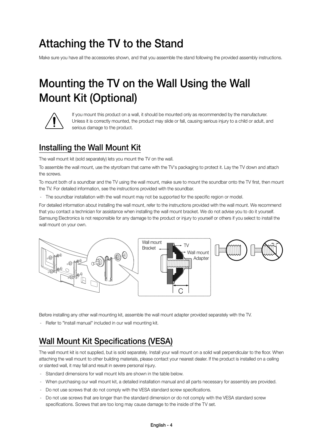 Samsung UE48H6850AWXXC Attaching the TV to the Stand, Installing the Wall Mount Kit, Wall Mount Kit Specifications Vesa 