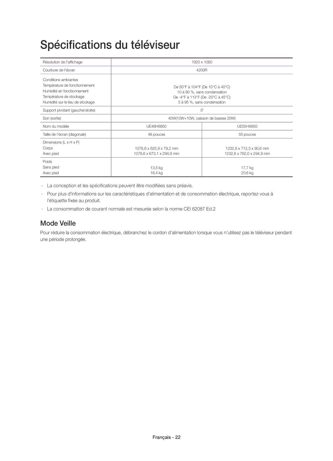 Samsung UE48H6850AWXXC, UE55H6850AWXXC manual Spécifications du téléviseur, Mode Veille 