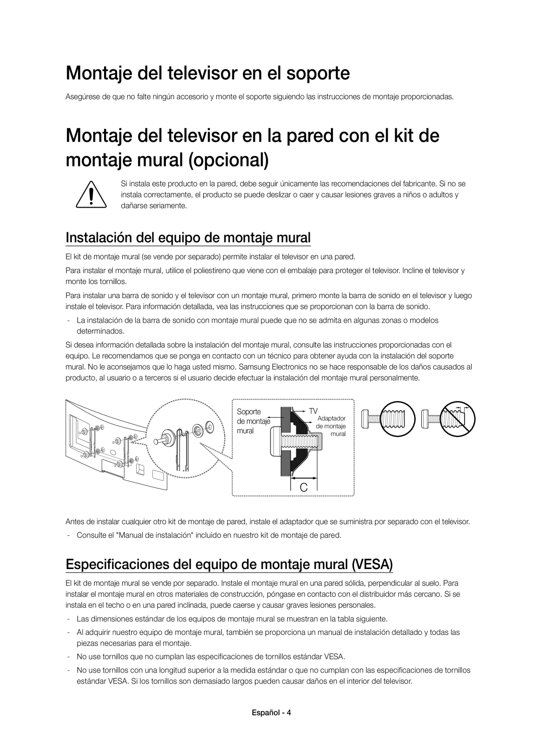 Samsung UE48H6850AWXXC, UE55H6850AWXXC manual Montaje del televisor en el soporte, Instalación del equipo de montaje mural 