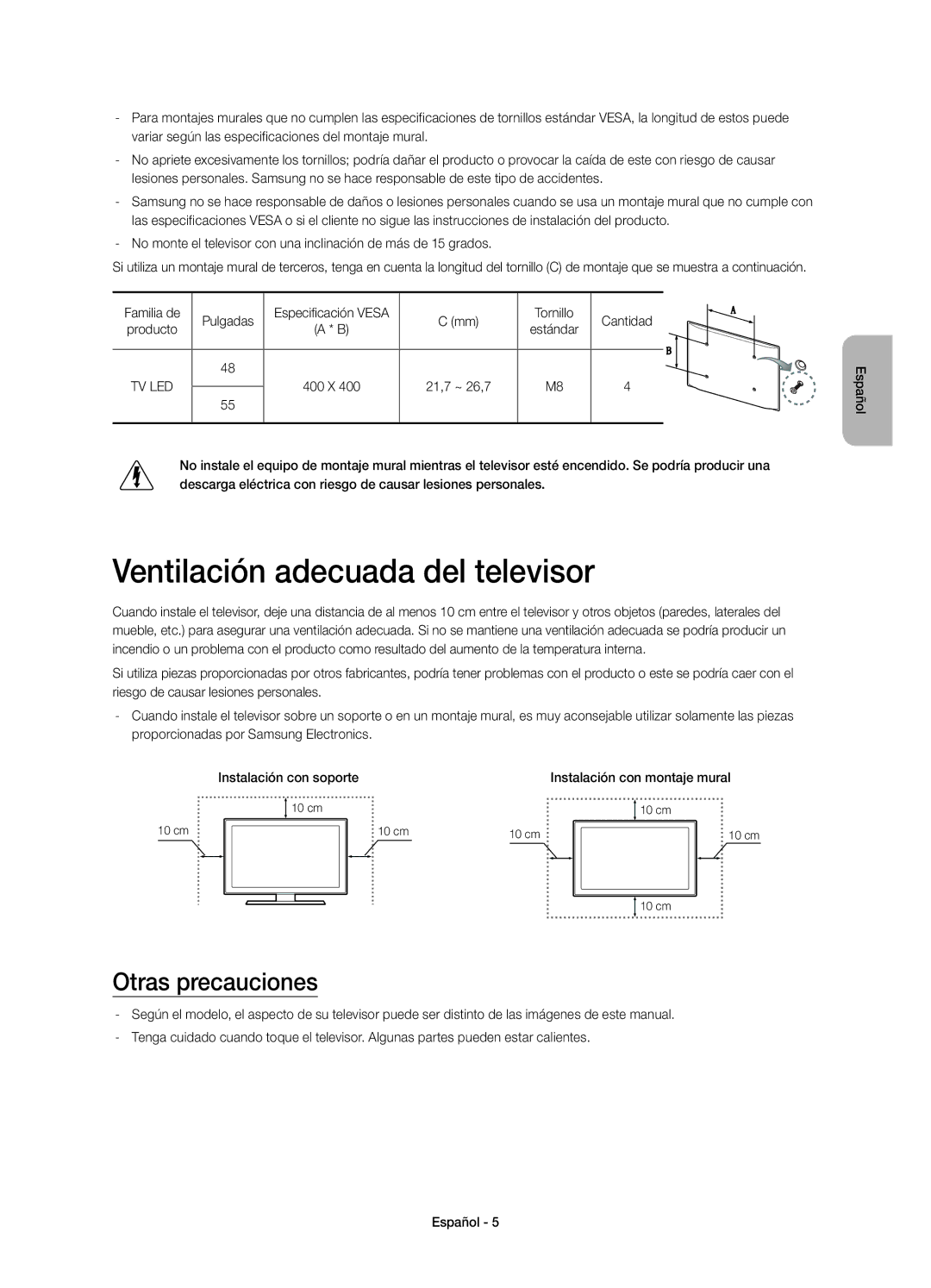 Samsung UE55H6850AWXXC Ventilación adecuada del televisor, Otras precauciones, Familia de Pulgadas, Tornillo Cantidad 