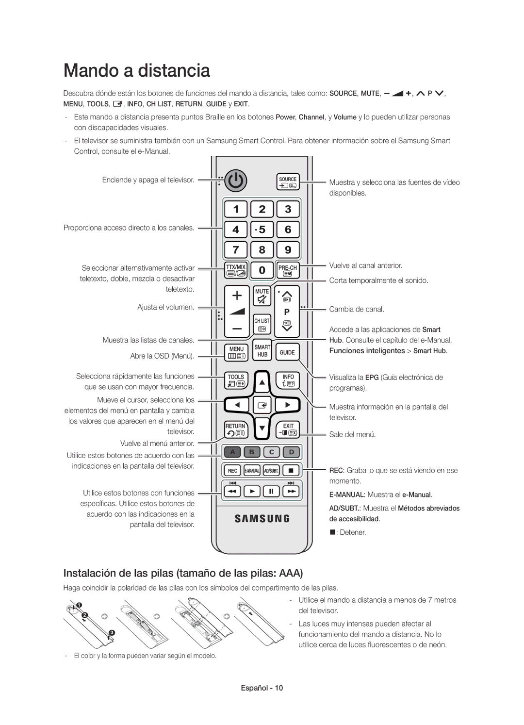 Samsung UE48H6850AWXXC, UE55H6850AWXXC manual Mando a distancia, Instalación de las pilas tamaño de las pilas AAA 