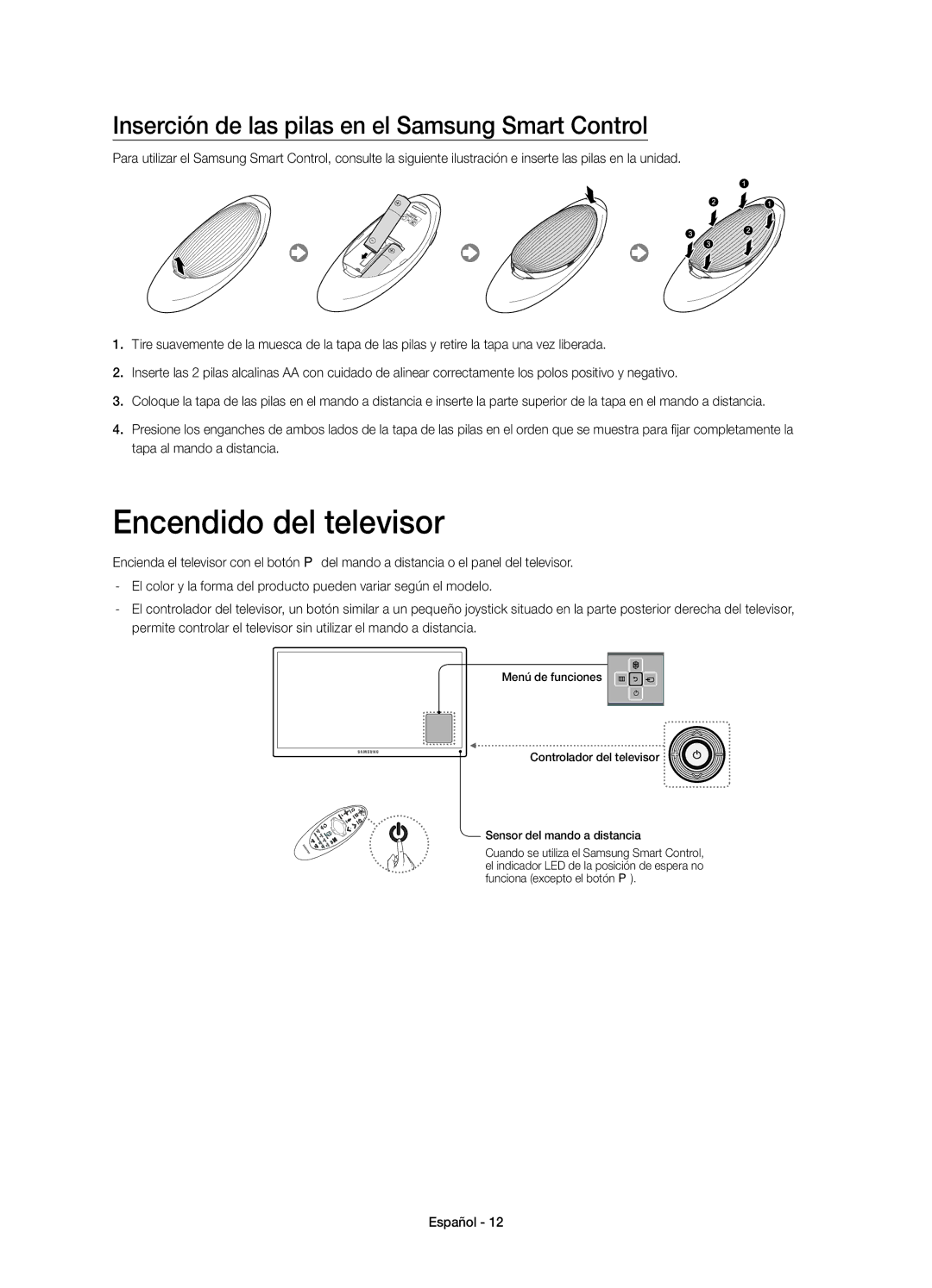 Samsung UE48H6850AWXXC, UE55H6850AWXXC manual Encendido del televisor, Inserción de las pilas en el Samsung Smart Control 