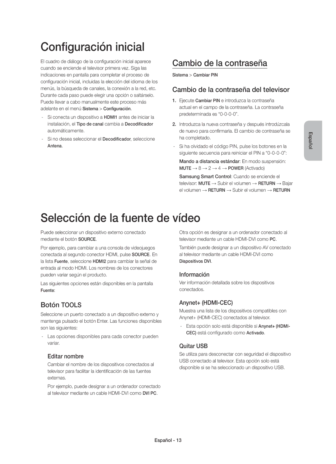 Samsung UE55H6850AWXXC manual Configuración inicial, Selección de la fuente de vídeo, Cambio de la contraseña, Botón Tools 