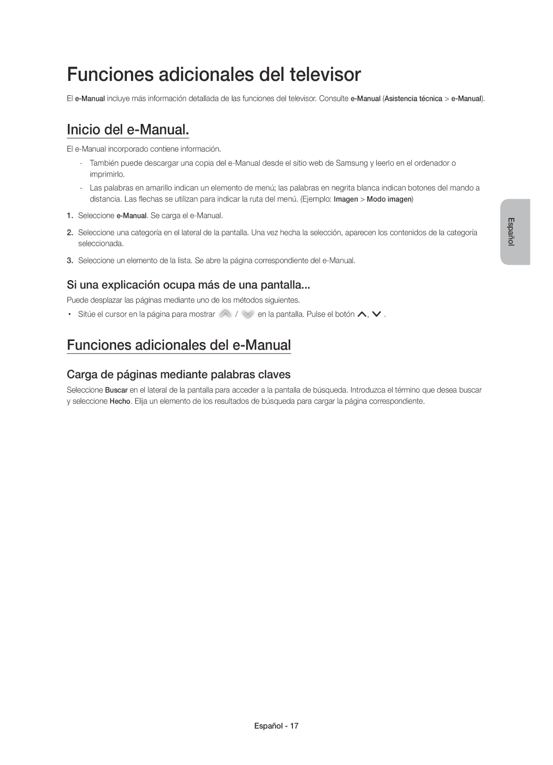 Samsung UE55H6850AWXXC manual Funciones adicionales del televisor, Inicio del e-Manual, Funciones adicionales del e-Manual 