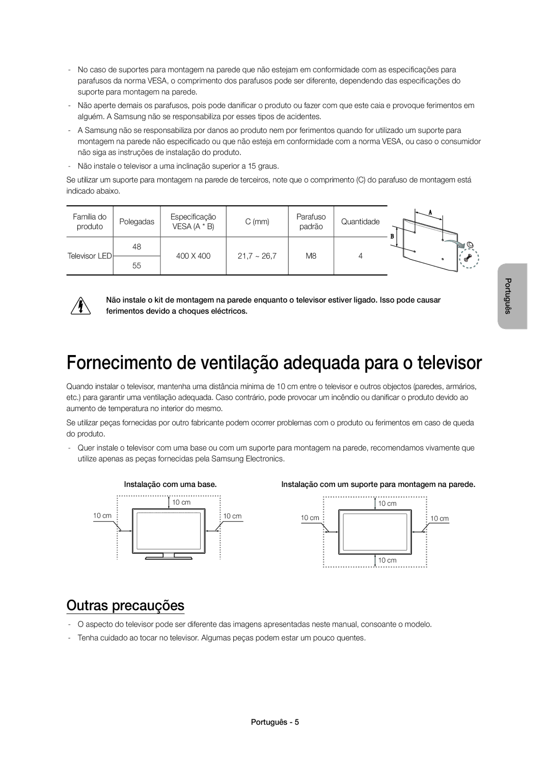 Samsung UE55H6850AWXXC, UE48H6850AWXXC manual Fornecimento de ventilação adequada para o televisor, Outras precauções 