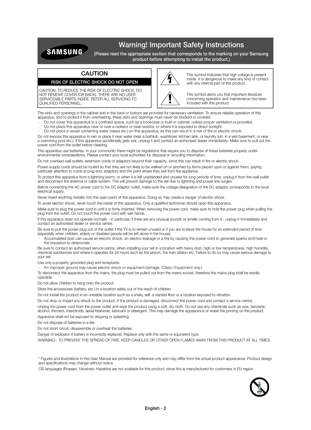 Samsung UE65H8000SLXZF, UE48H8000SLXZF, UE55H8000SLXZF manual Risk of Electric Shock do not Open, English 