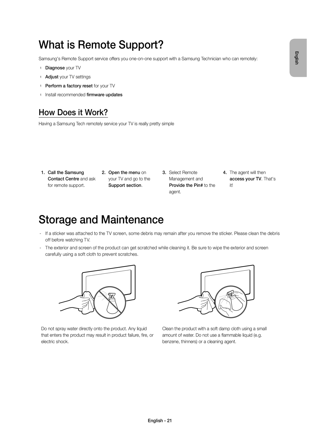 Samsung UE48H8000SLXZF, UE55H8000SLXZF, UE65H8000SLXZF What is Remote Support?, Storage and Maintenance, How Does it Work? 