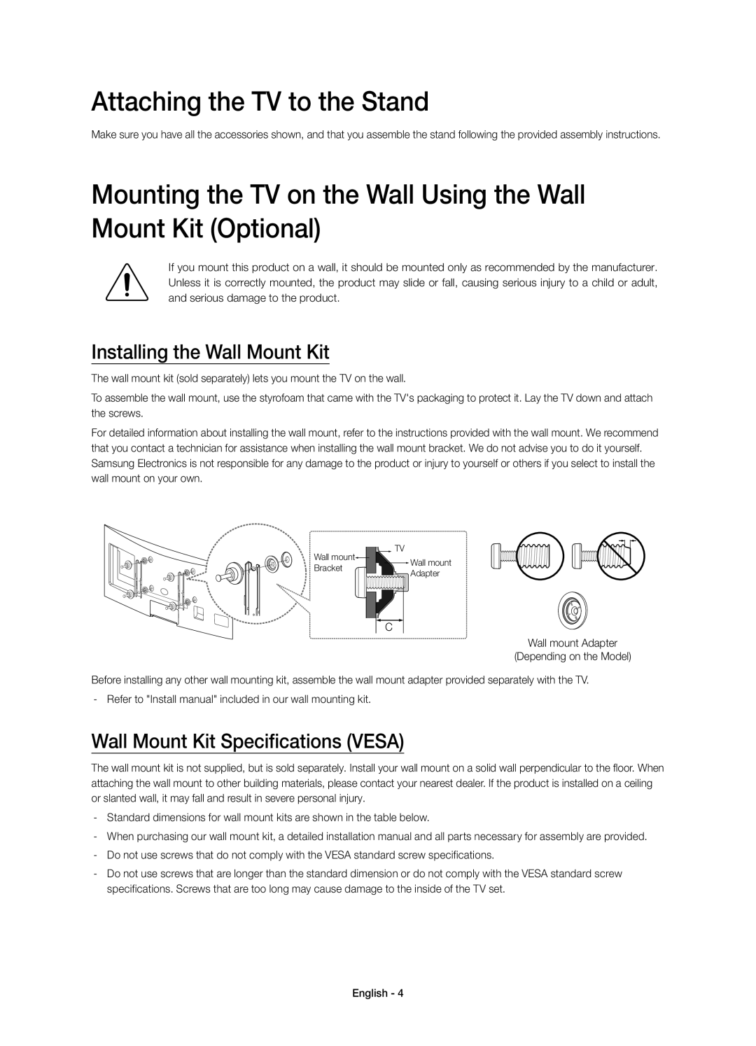 Samsung UE55H8000SLXZF Attaching the TV to the Stand, Installing the Wall Mount Kit, Wall Mount Kit Specifications Vesa 