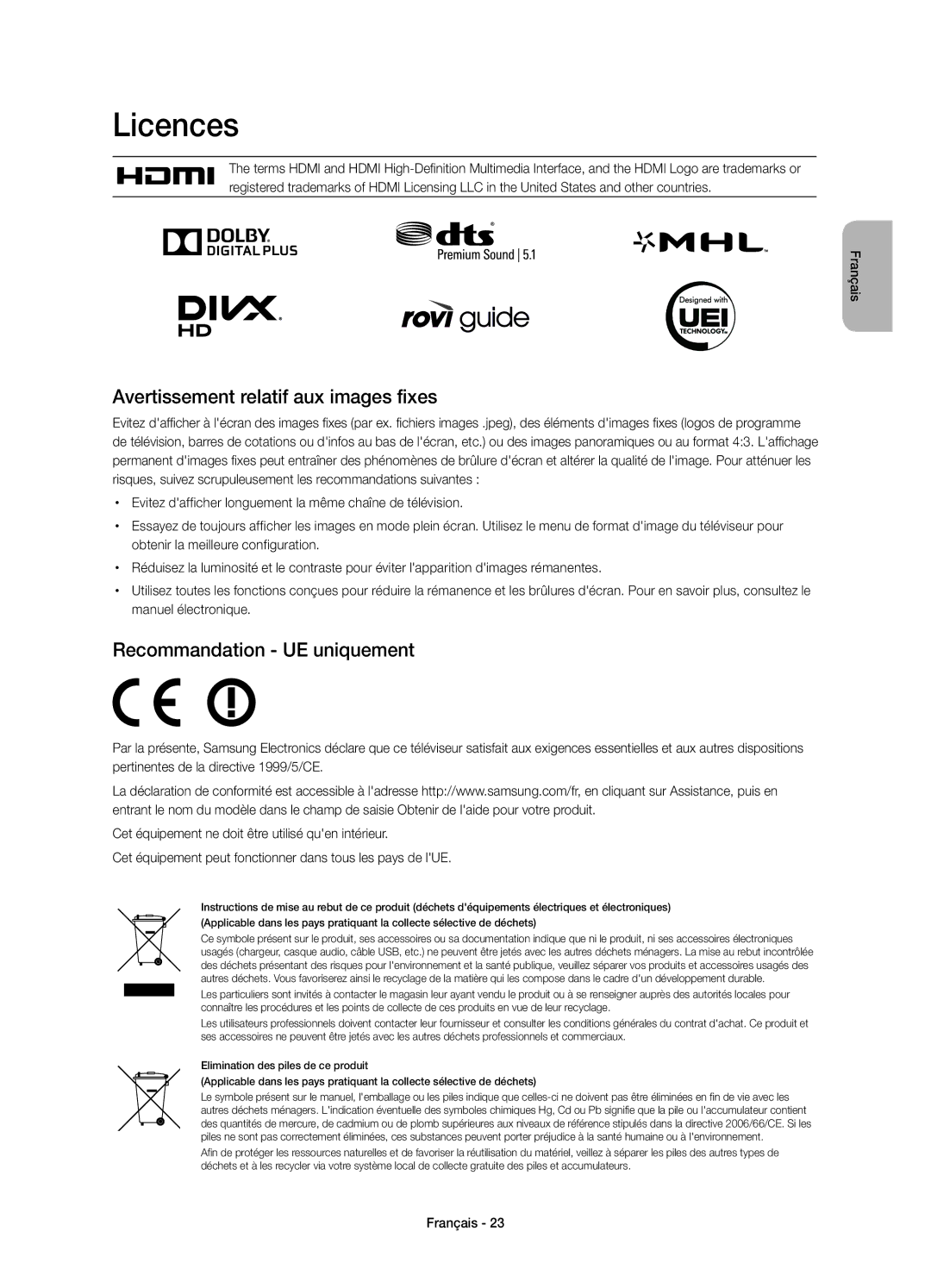 Samsung UE48H8000SLXZF, UE55H8000SLXZF, UE65H8000SLXZF Avertissement relatif aux images fixes, Recommandation UE uniquement 