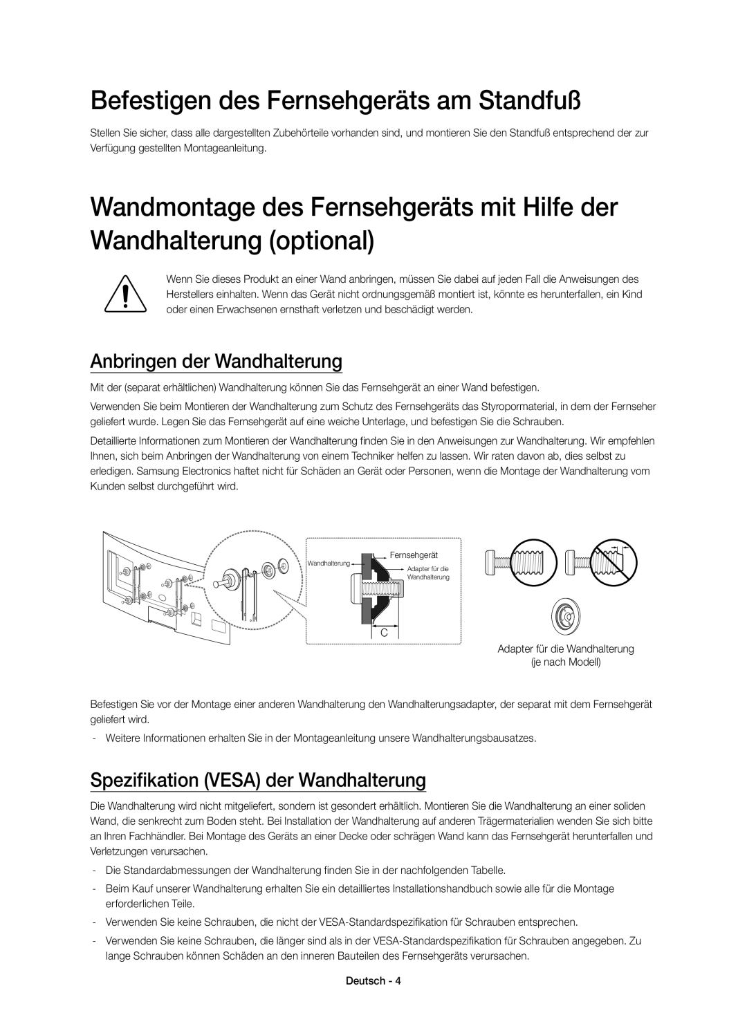 Samsung UE48H8000SLXZF, UE55H8000SLXZF manual Befestigen des Fernsehgeräts am Standfuß, Anbringen der Wandhalterung 