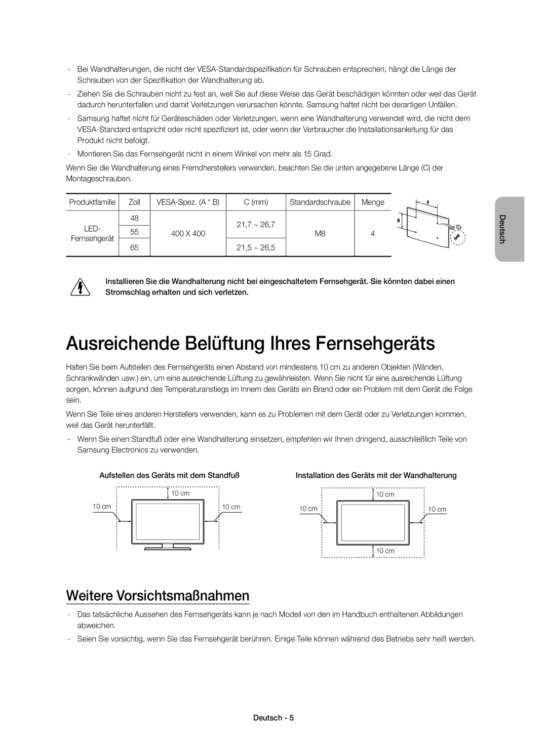 Samsung UE55H8000SLXZF, UE48H8000SLXZF manual Ausreichende Belüftung Ihres Fernsehgeräts, Weitere Vorsichtsmaßnahmen 