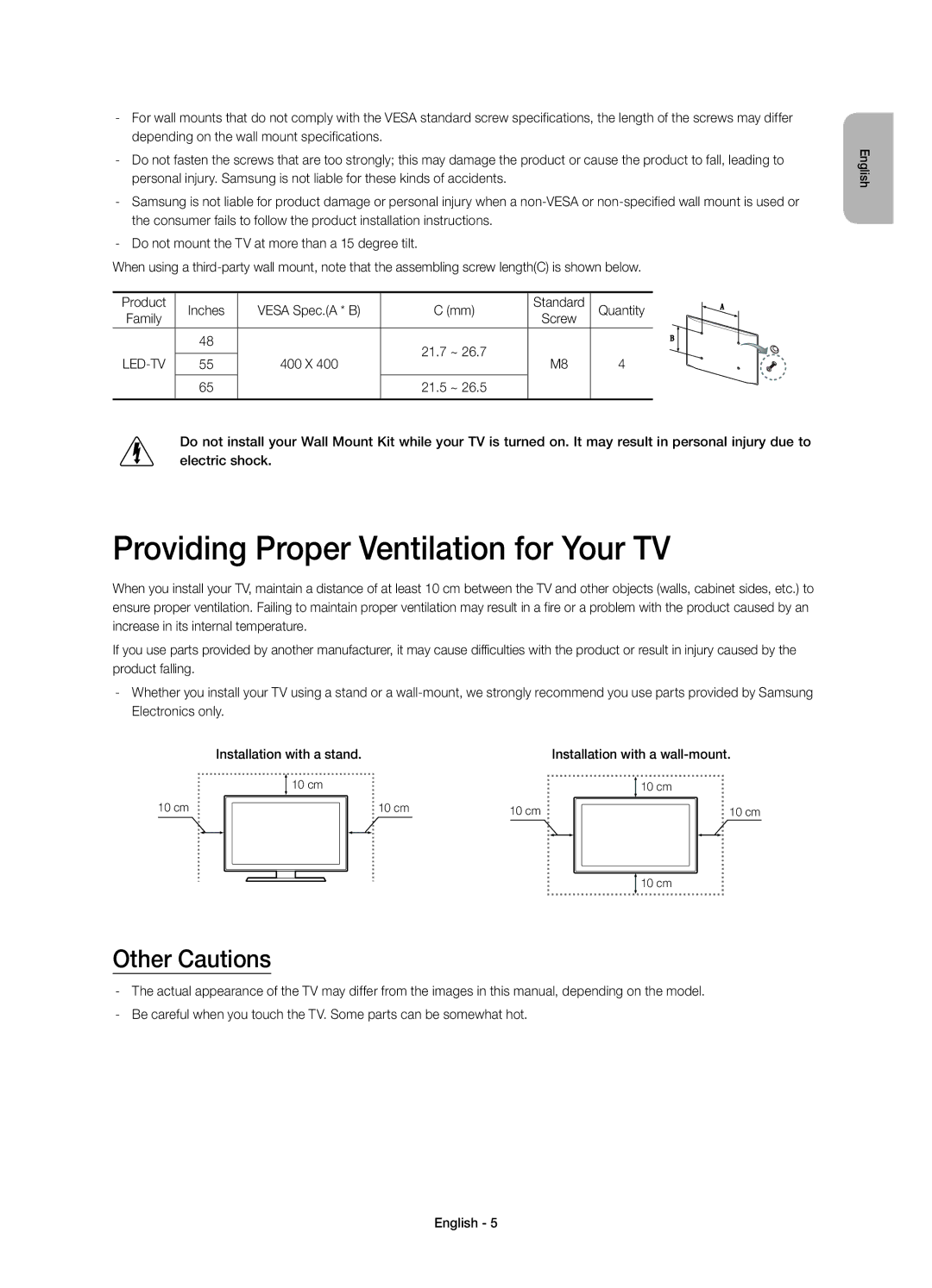 Samsung UE65H8000SLXZF, UE48H8000SLXZF, UE55H8000SLXZF manual Providing Proper Ventilation for Your TV, Other Cautions 