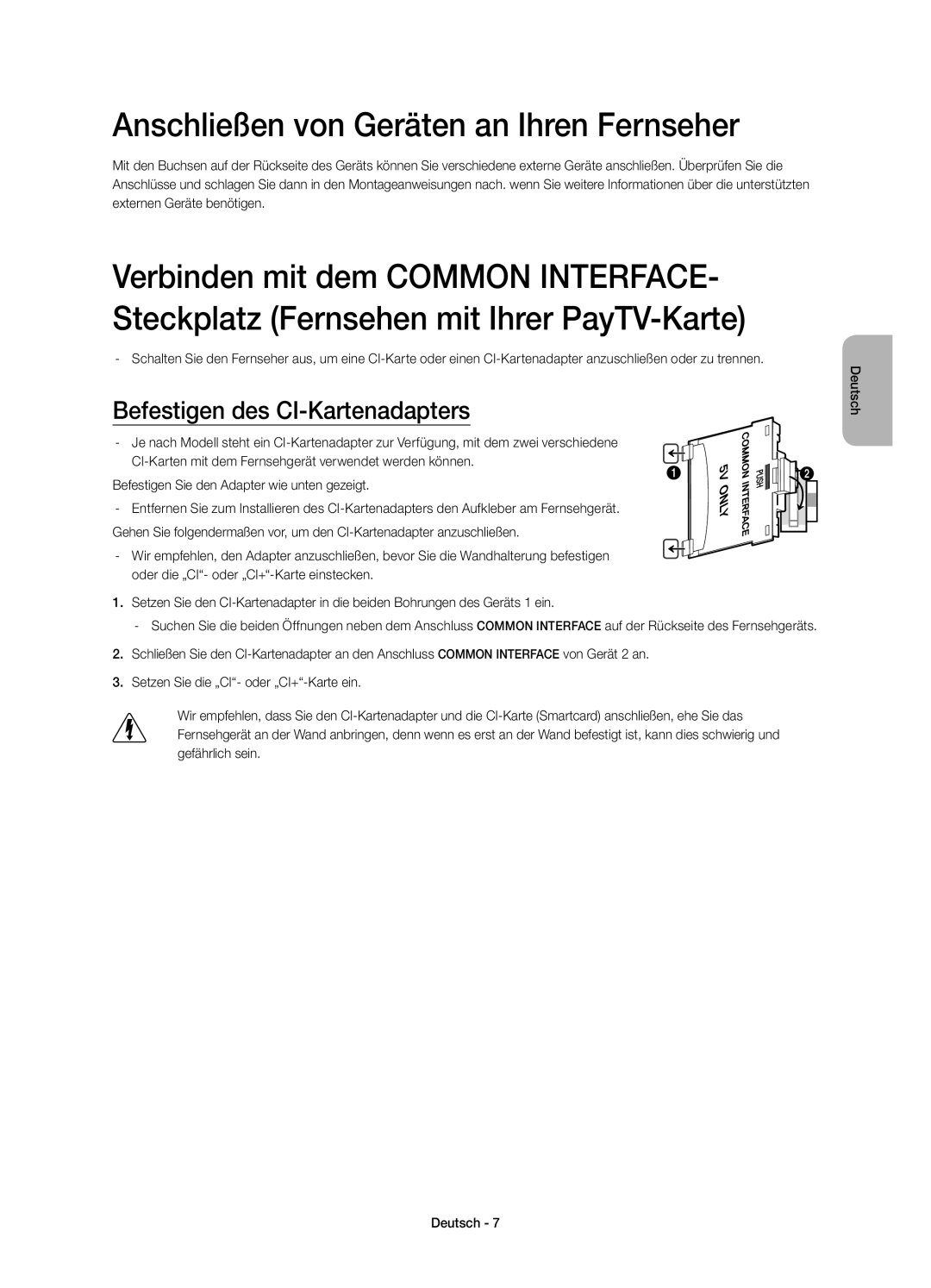 Samsung UE48H8000SLXZF, UE55H8000SLXZF manual Anschließen von Geräten an Ihren Fernseher, Befestigen des CI-Kartenadapters 