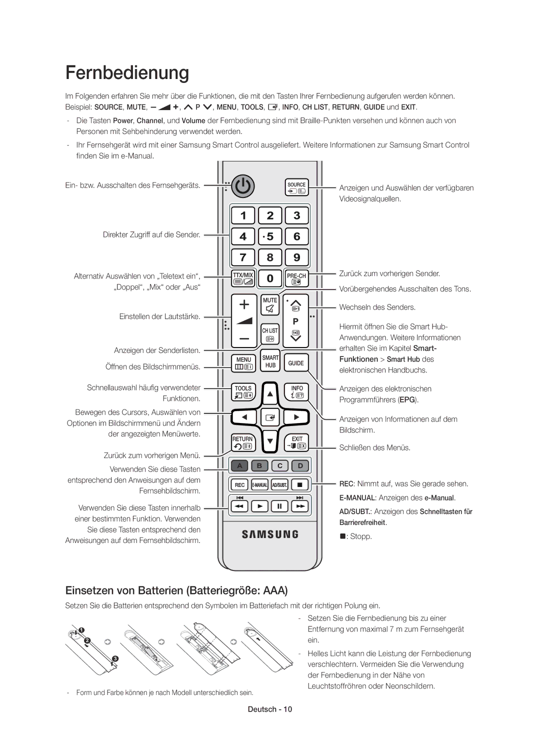 Samsung UE48H8000SLXZF, UE55H8000SLXZF, UE65H8000SLXZF manual Fernbedienung, Einsetzen von Batterien Batteriegröße AAA 