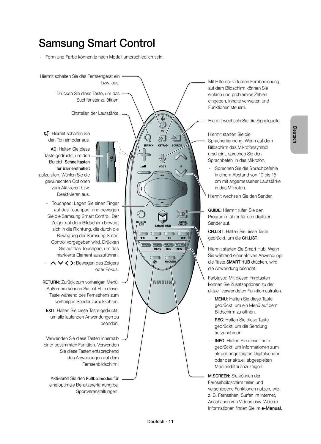 Samsung UE55H8000SLXZF manual Form und Farbe können je nach Modell unterschiedlich sein, ¡ £ Bewegen des Zeigers oder Fokus 