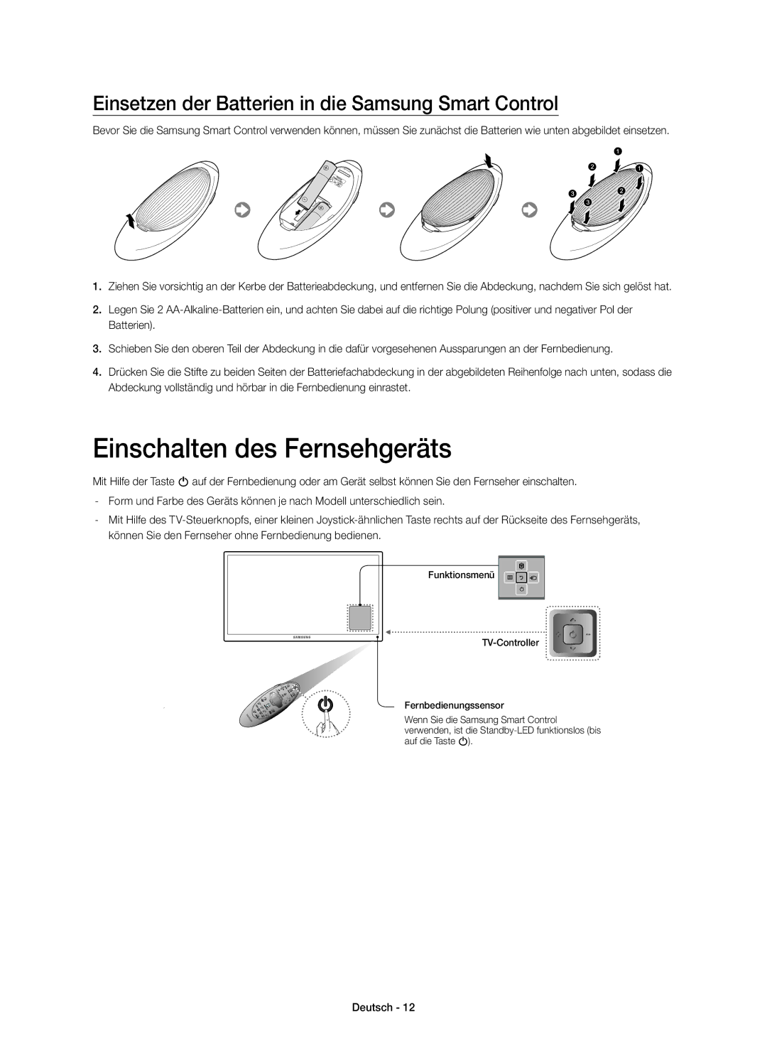 Samsung UE65H8000SLXZF, UE48H8000SLXZF Einschalten des Fernsehgeräts, Einsetzen der Batterien in die Samsung Smart Control 