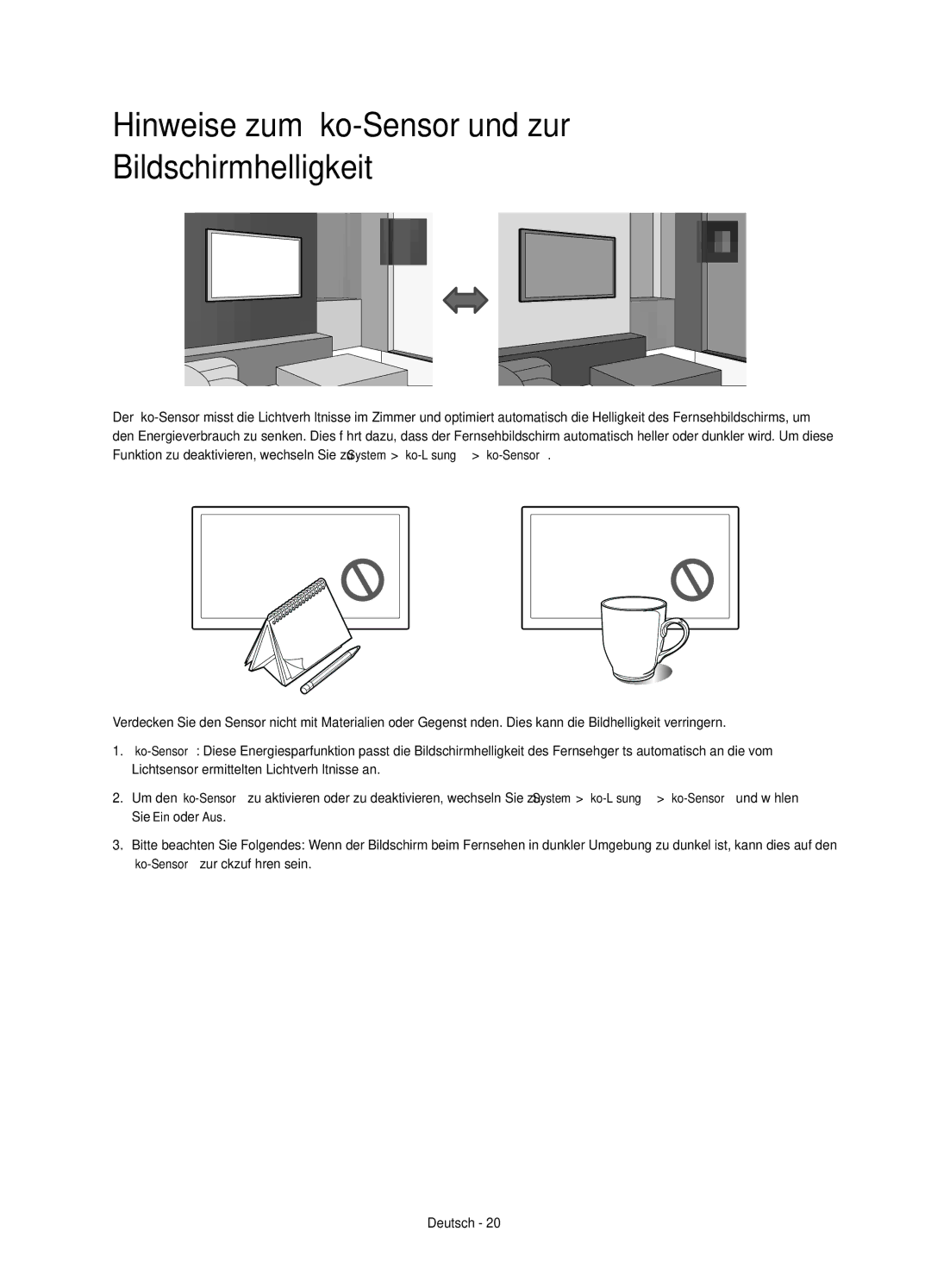 Samsung UE55H8000SLXZF, UE48H8000SLXZF, UE65H8000SLXZF manual Hinweise zum Öko-Sensor und zur Bildschirmhelligkeit 