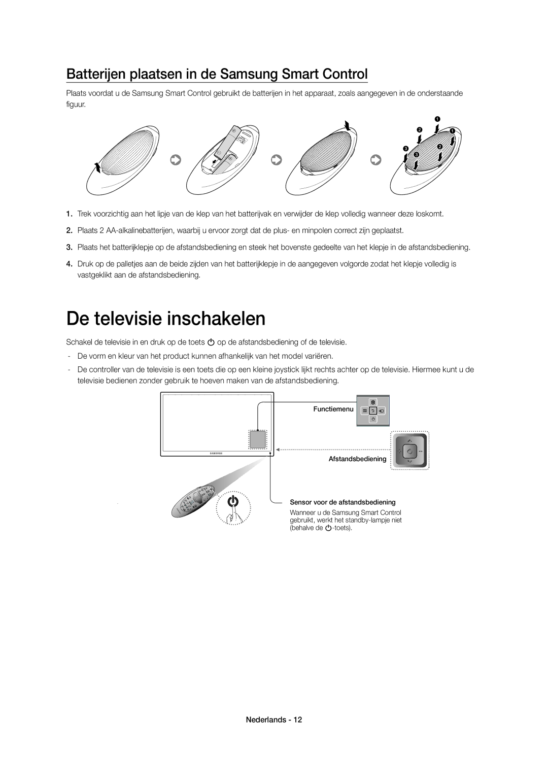 Samsung UE48H8000SLXZF, UE55H8000SLXZF manual De televisie inschakelen, Batterijen plaatsen in de Samsung Smart Control 