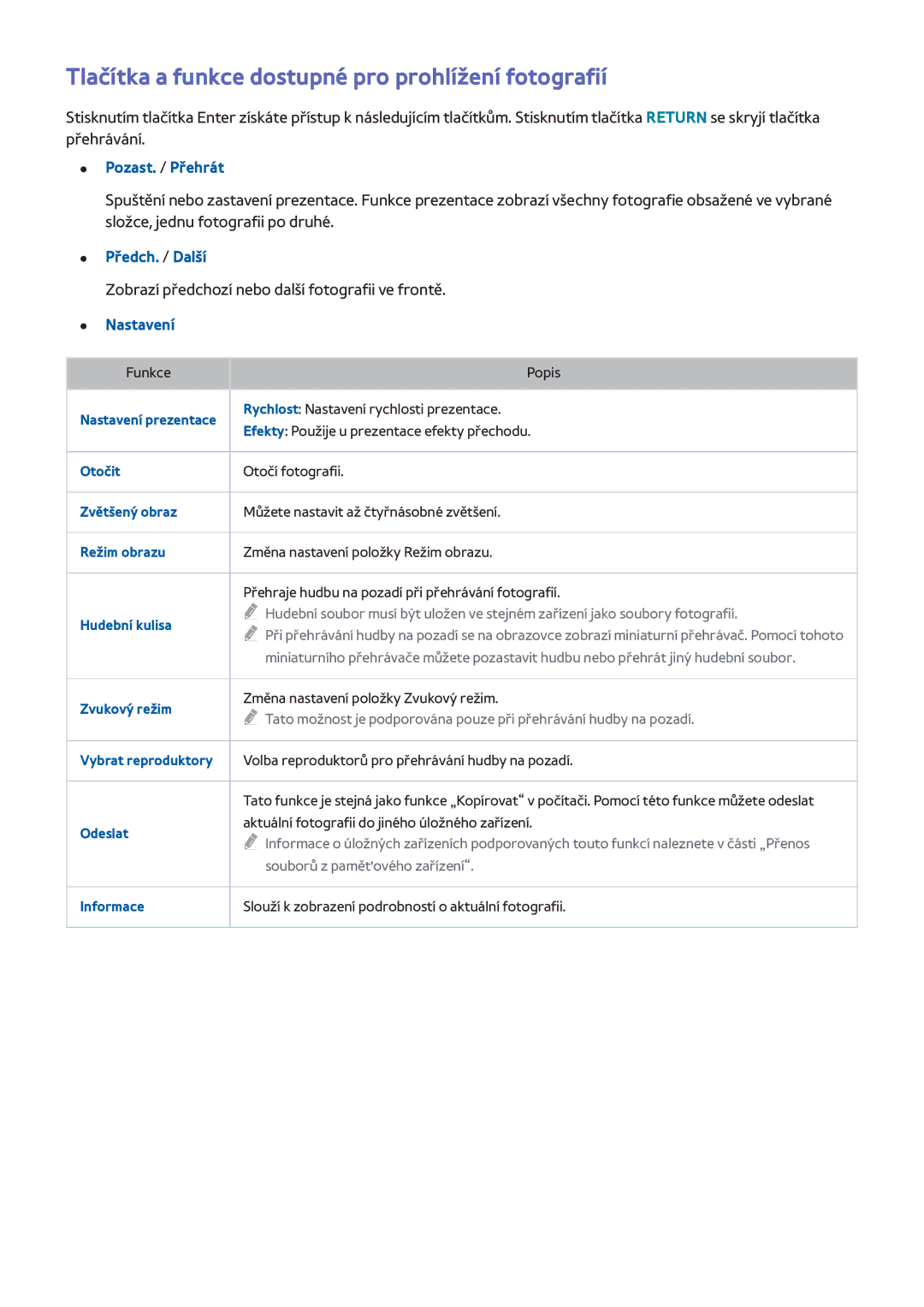 Samsung UE65H8000SLXZF manual Tlačítka a funkce dostupné pro prohlížení fotografií, Pozast. / Přehrát, Předch. / Další 