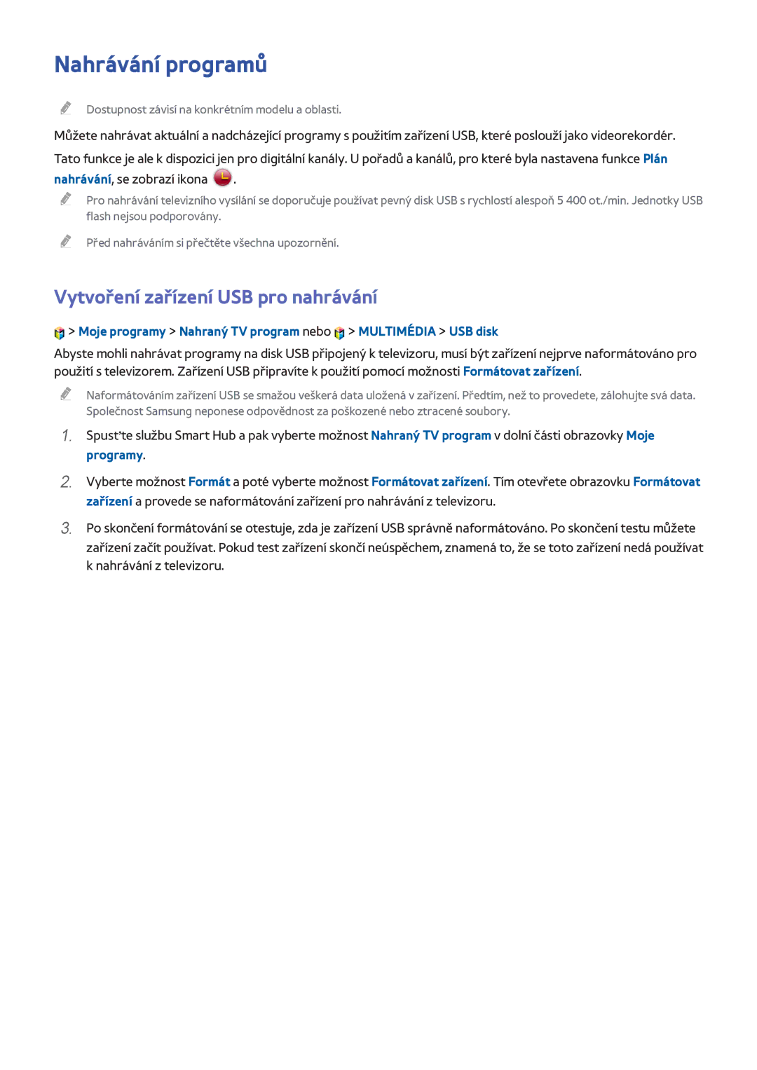 Samsung UE55H8000STXXU, UE48H8090SVXZG, UE65H8080SQXZG manual Nahrávání programů, Vytvoření zařízení USB pro nahrávání 