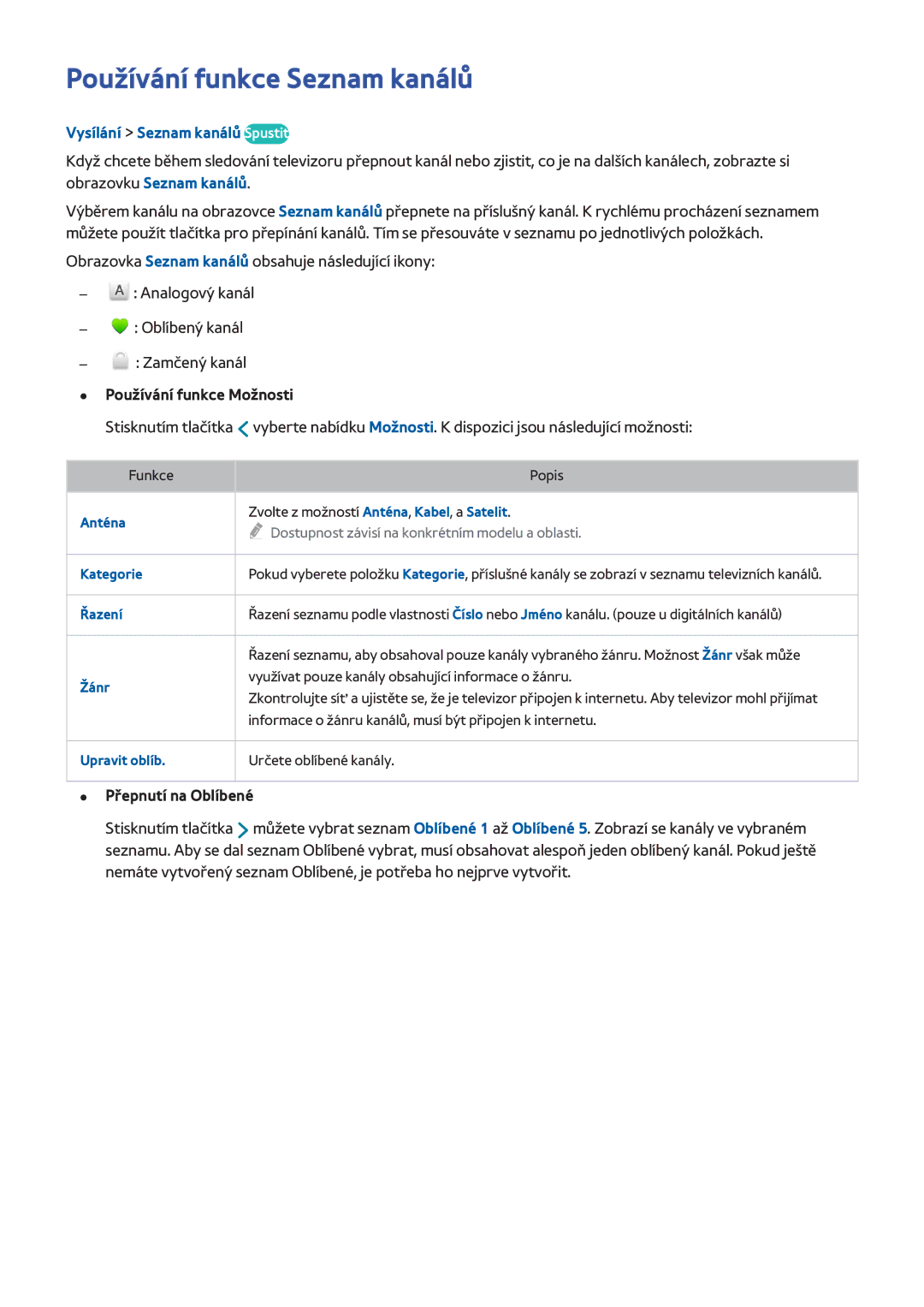 Samsung UE65H8000SZXZT manual Používání funkce Seznam kanálů, Vysílání Seznam kanálů Spustit, Používání funkce Možnosti 