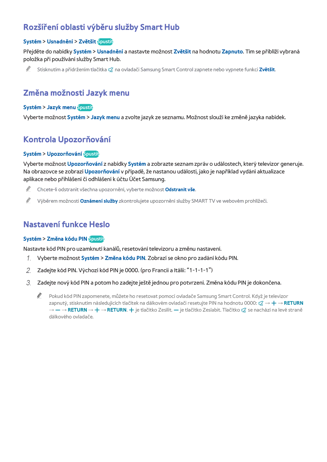 Samsung UE55H8000SLXXH manual Rozšíření oblasti výběru služby Smart Hub, Změna možnosti Jazyk menu, Kontrola Upozorňování 