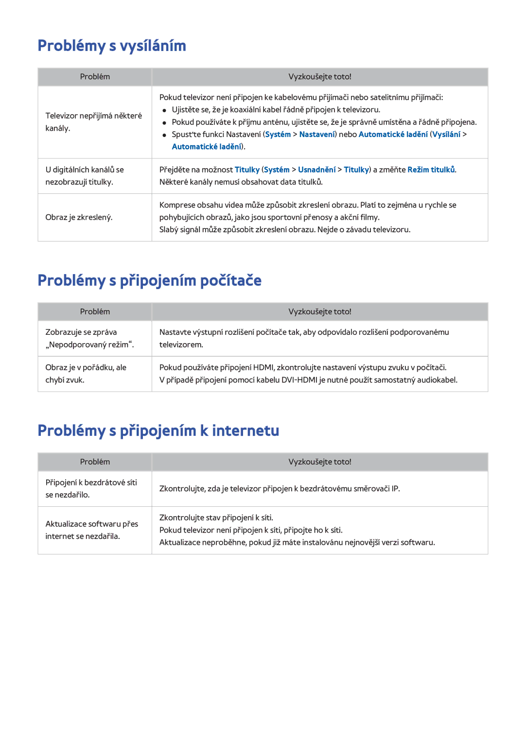 Samsung UE48H8080SQXZG manual Problémy s vysíláním, Problémy s připojením počítače, Problémy s připojením k internetu 