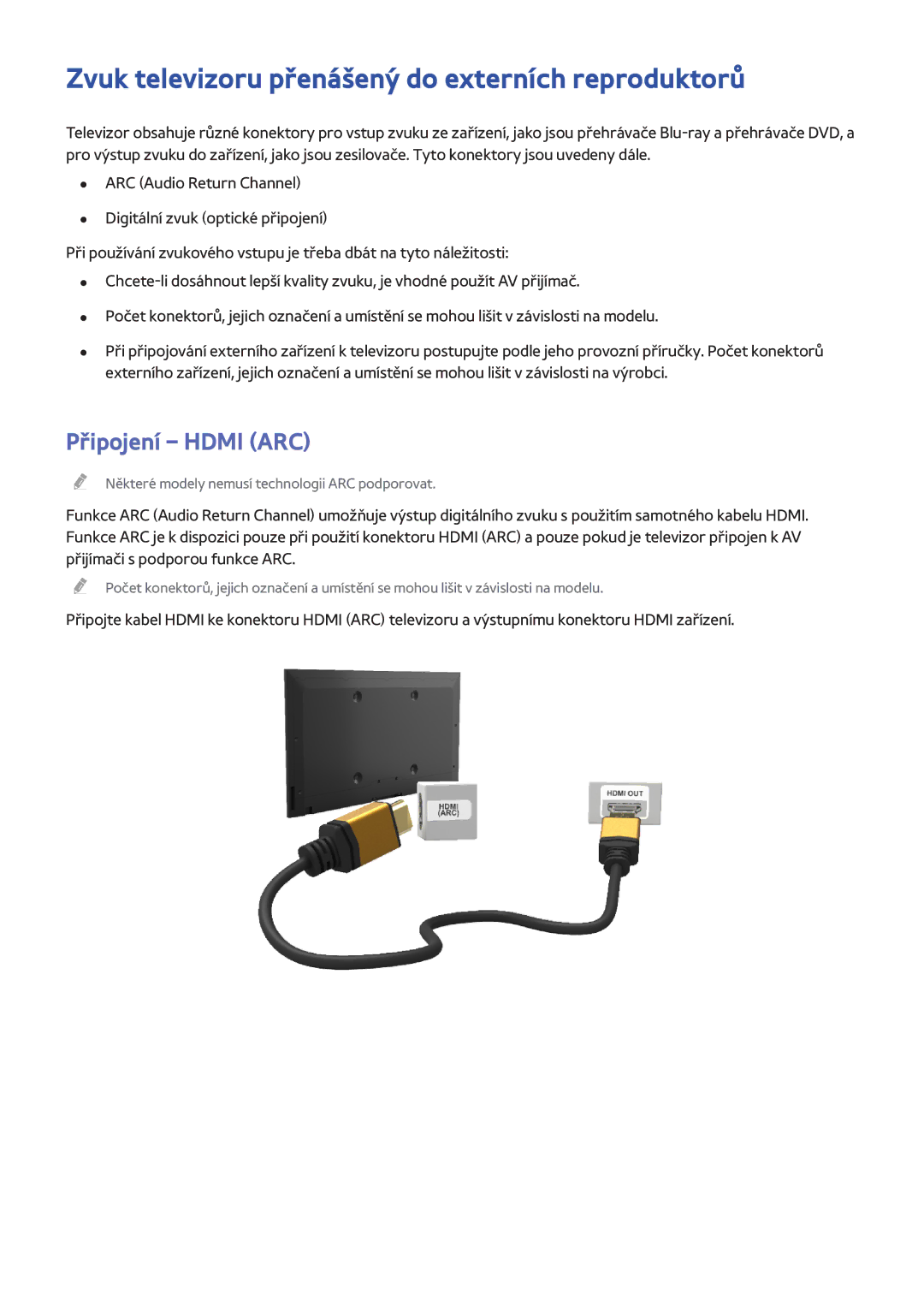 Samsung UE55H8005SQXXE, UE48H8090SVXZG manual Zvuk televizoru přenášený do externích reproduktorů, Připojení Hdmi ARC 