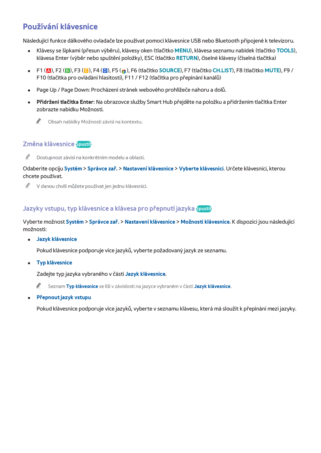 Samsung UE65H8005SQXXE manual Používání klávesnice, Změna klávesnice Spustit, Typ klávesnice, Přepnout jazyk vstupu 