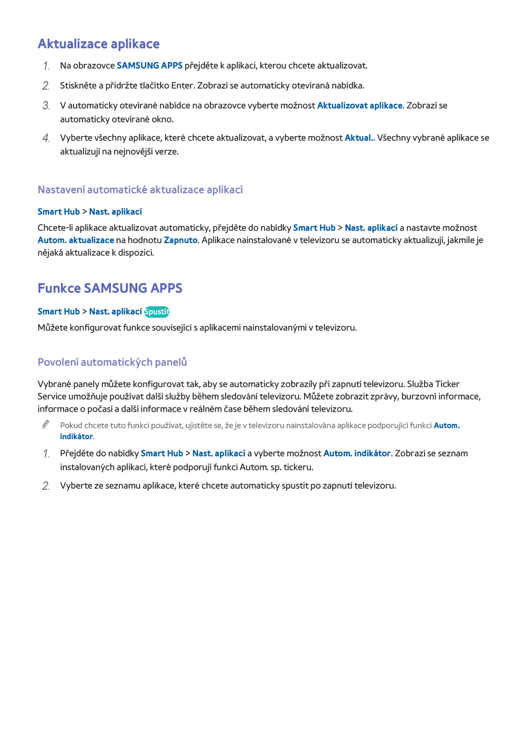 Samsung UE48H8000SLXXN manual Aktualizace aplikace, Funkce Samsung Apps, Nastavení automatické aktualizace aplikací 