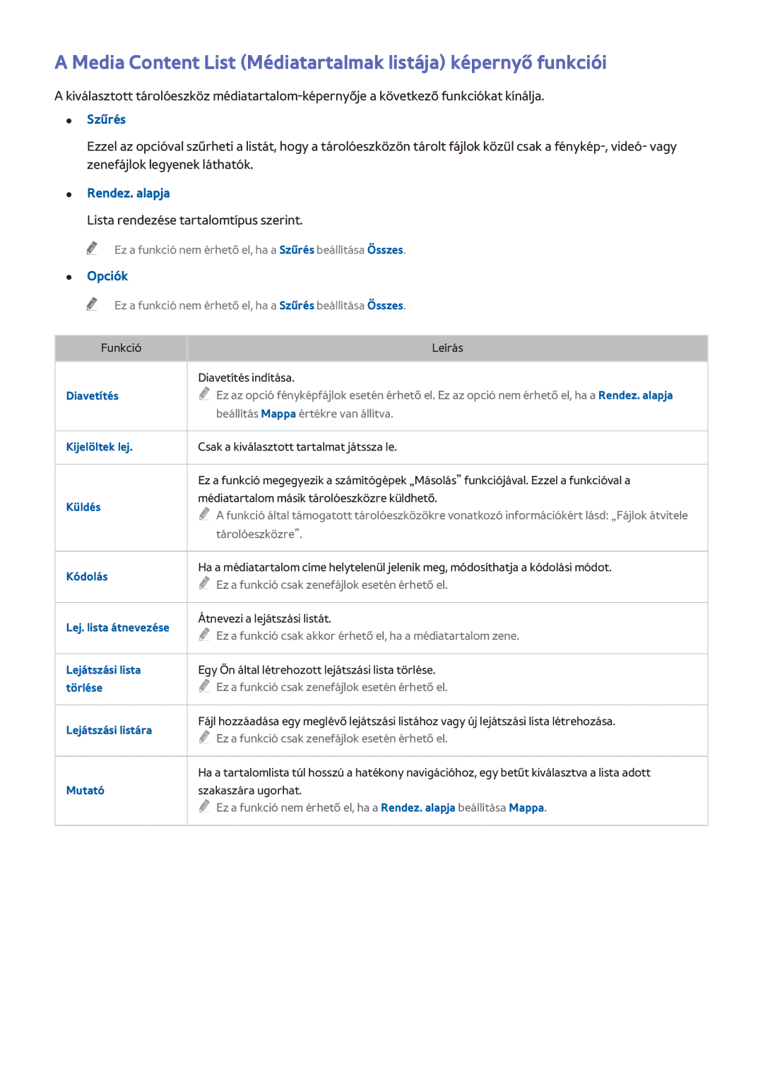 Samsung UE65H8000SLXXN manual Media Content List Médiatartalmak listája képernyő funkciói, Szűrés, Rendez. alapja, Opciók 