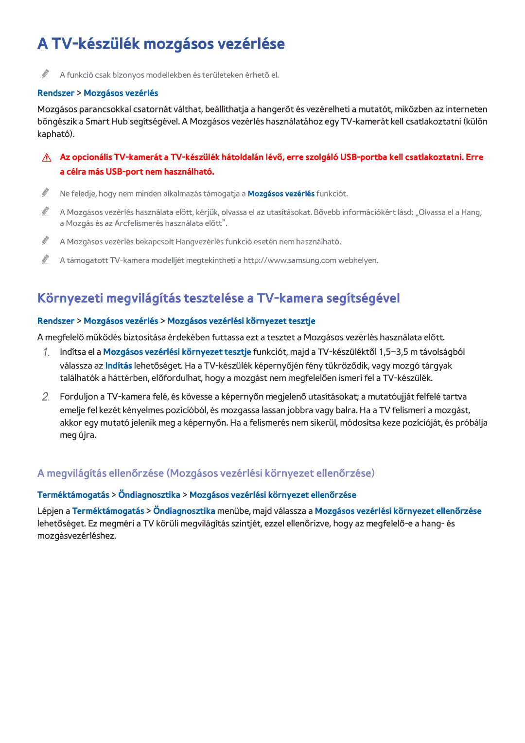 Samsung UE55H8000SLXXC manual TV-készülék mozgásos vezérlése, Környezeti megvilágítás tesztelése a TV-kamera segítségével 