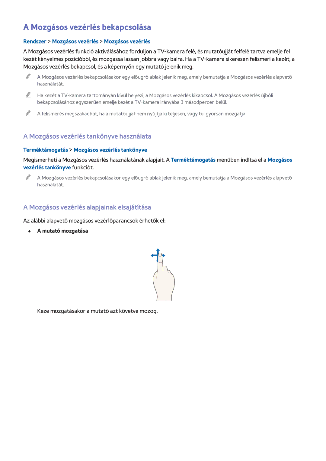 Samsung UE48H8000STXXH, UE48H8090SVXZG manual Mozgásos vezérlés bekapcsolása, Mozgásos vezérlés tankönyve használata 