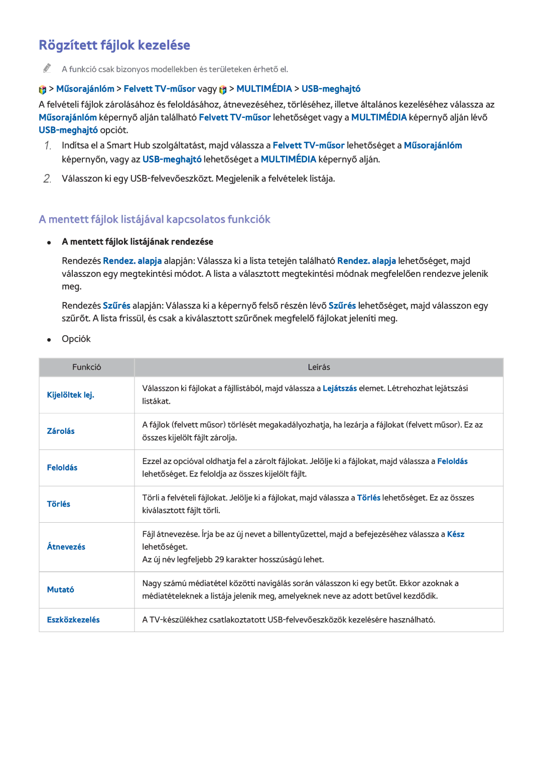 Samsung UE48H8000SLXXH, UE48H8090SVXZG manual Rögzített fájlok kezelése, Mentett fájlok listájával kapcsolatos funkciók 