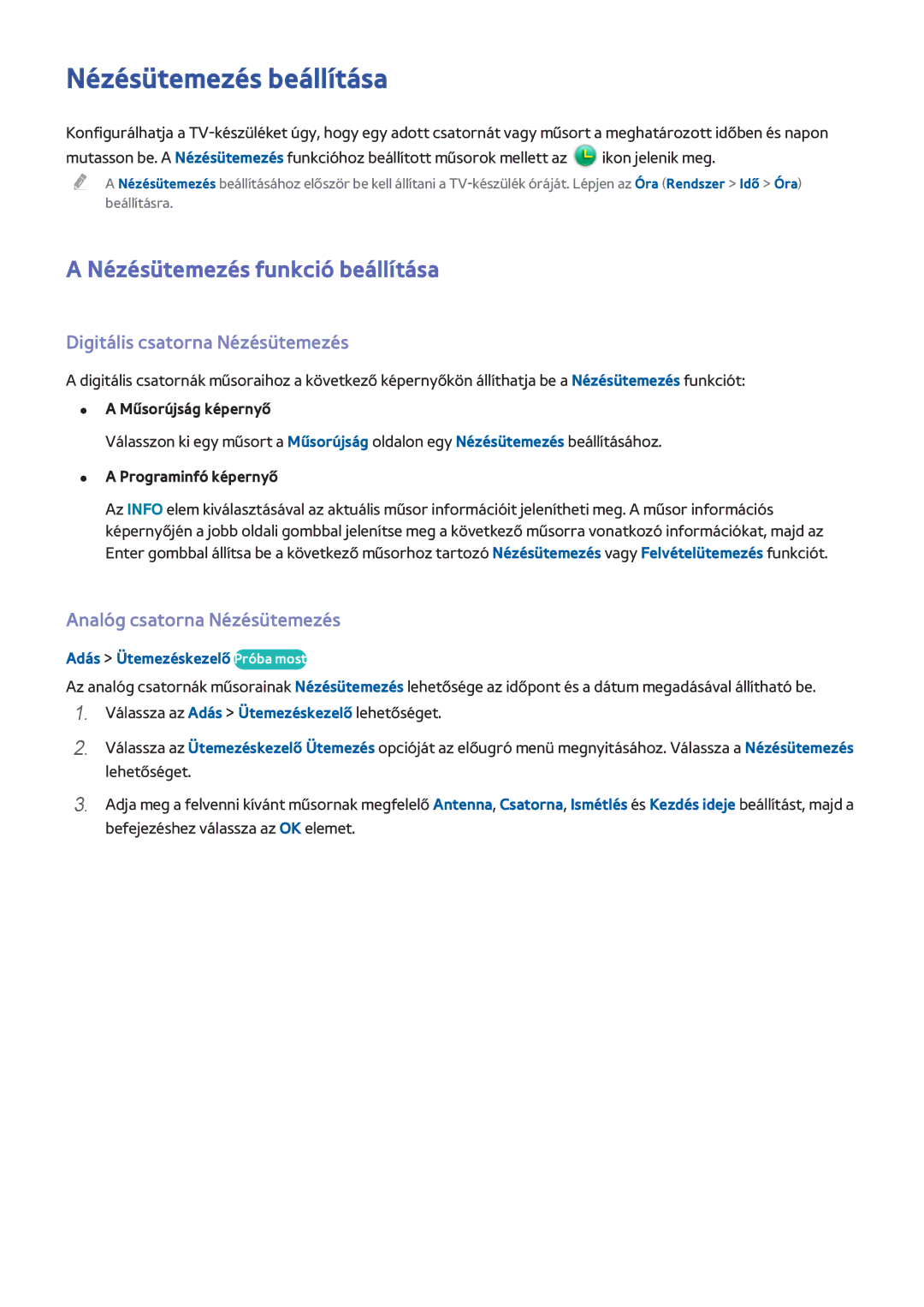 Samsung UE48H8000SLXZF manual Nézésütemezés beállítása, Nézésütemezés funkció beállítása, Digitális csatorna Nézésütemezés 