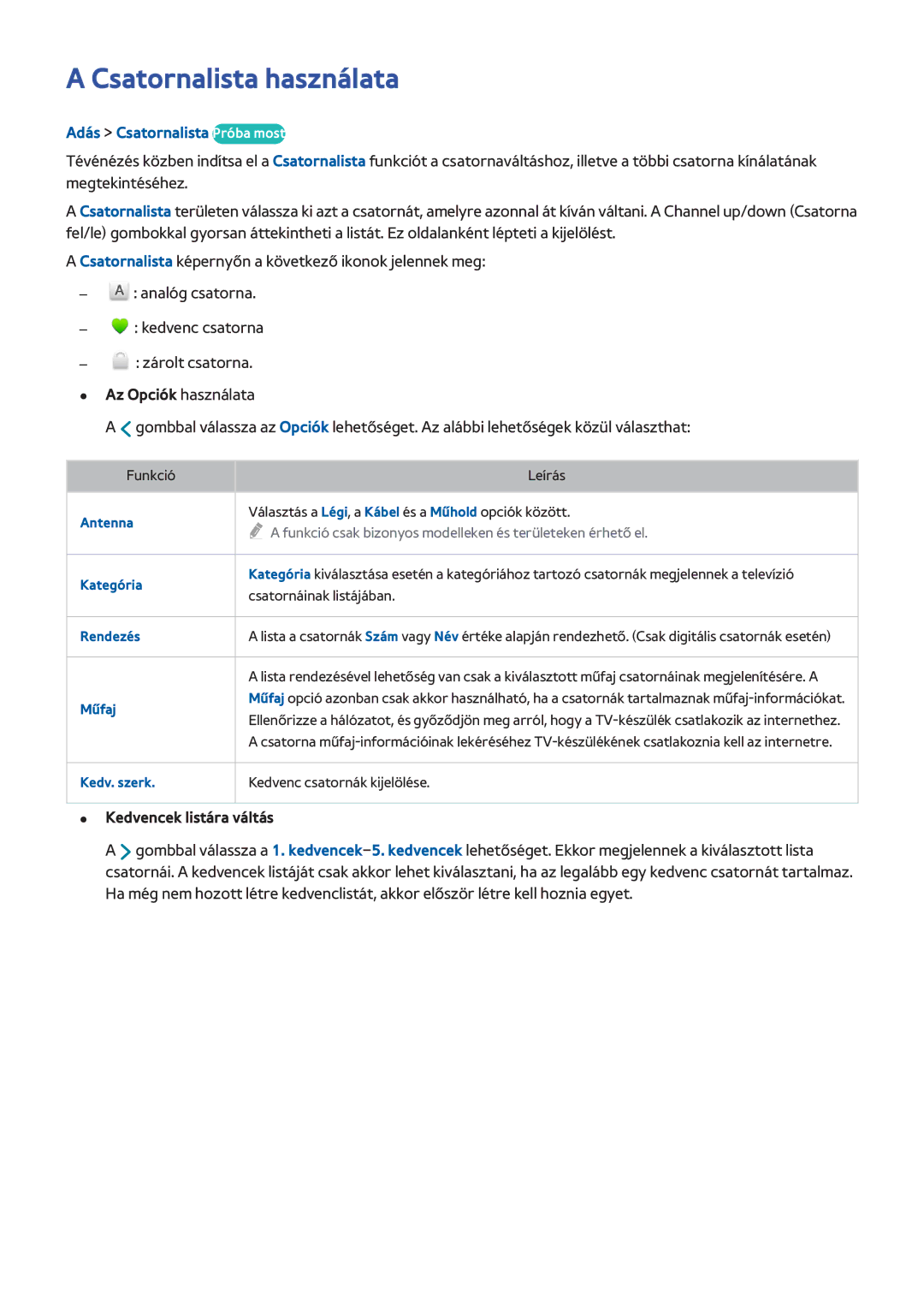 Samsung UE65H8000SZXZT, UE48H8090SVXZG manual Csatornalista használata, Adás Csatornalista Próba most, Az Opciók használata 