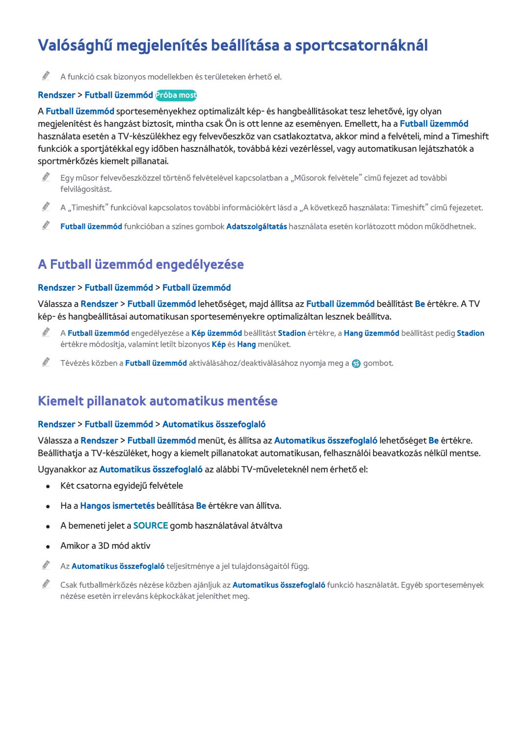 Samsung UE48H8000STXXH manual Valósághű megjelenítés beállítása a sportcsatornáknál, Futball üzemmód engedélyezése 